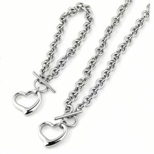 Chunky chain hollow heart necklace and bracelet set - silver stainless steel